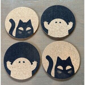 IKEA Kustfyr Coasters Cork Halloween Cat & Ghost Pattern 4" NEW Set of 4